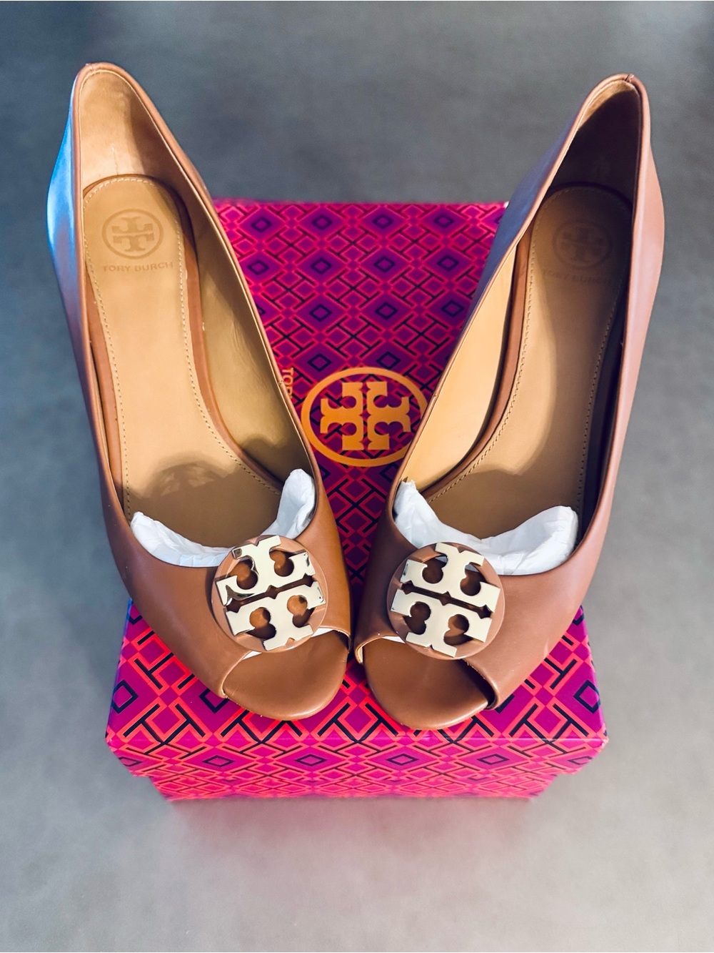 Tory Burch Claire 65mm Peep Toe Leather Wedges - Royal Tan - Size 7
